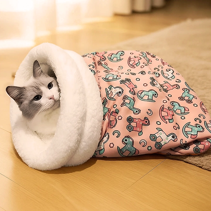 cat sleeping bag, cat cute sleeping bag, plush sleeping bag for cats, cat sleeping bag bed, enclosed cat bed, cat snuggle bag